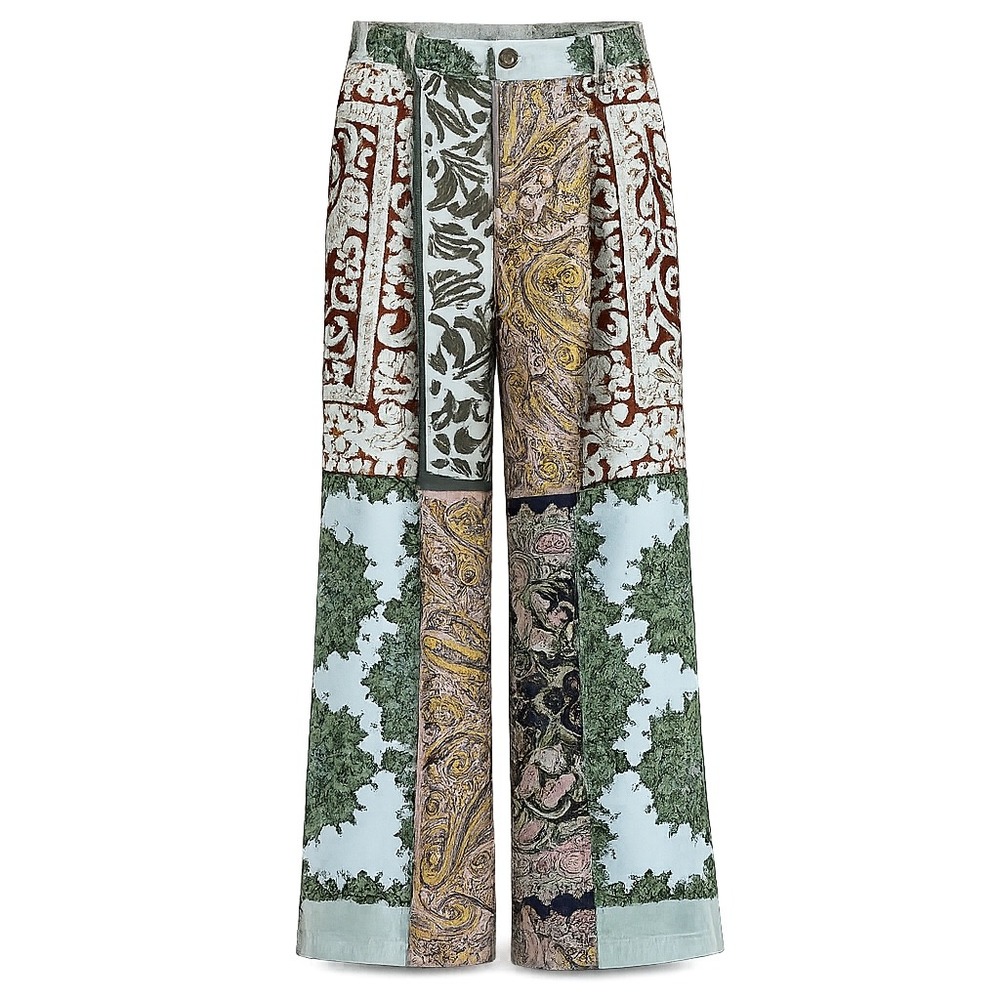 Zara Patchwork Wide-Leg Pants in Green, Light Blue, Brown